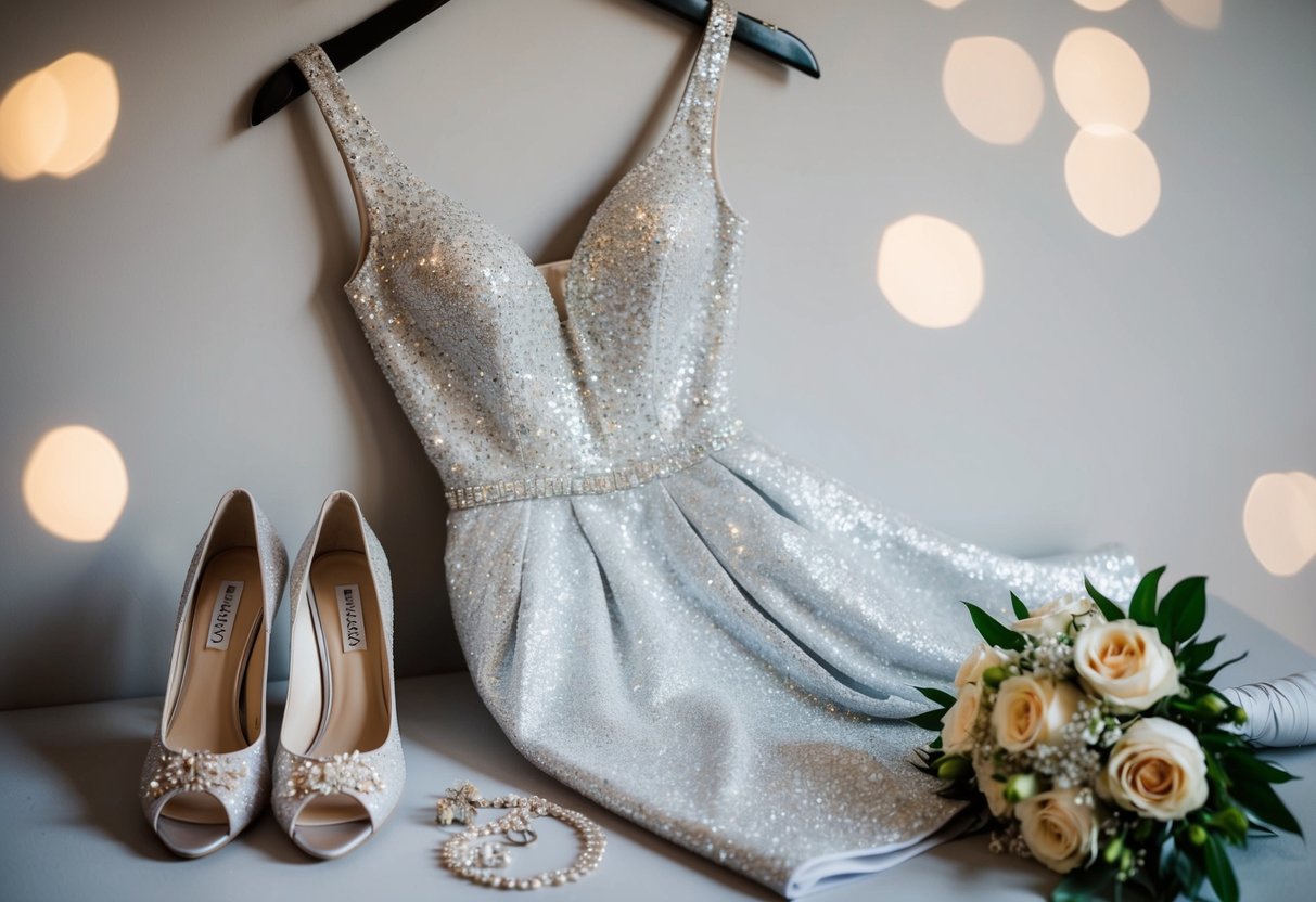 A glittering dress hangs on a hanger, surrounded by elegant shoes and jewelry. A bouquet of flowers sits nearby, suggesting a wedding setting