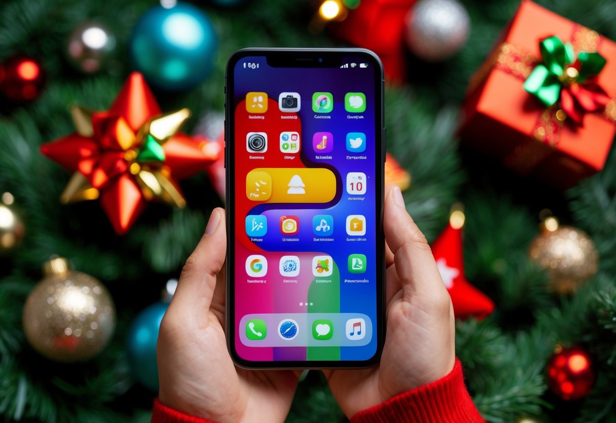 A smartphone with a colorful and inviting interface displayed on the screen, surrounded by festive decorations