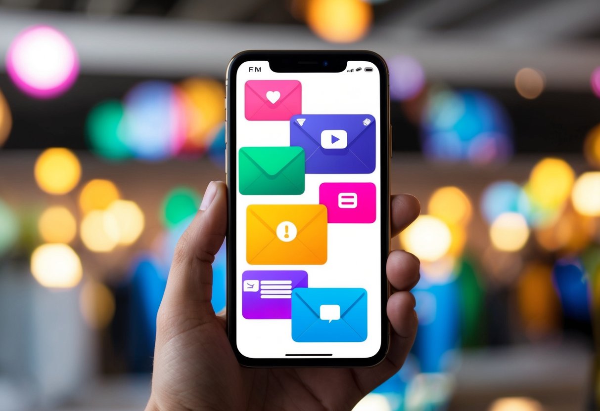 A smartphone displaying a variety of colorful digital invitations, with a share button prominently displayed