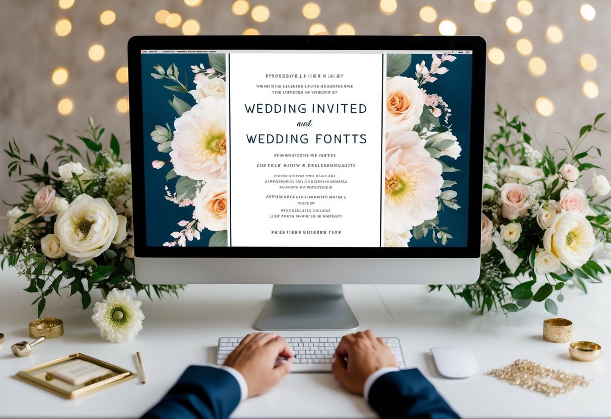 A digital wedding invite being designed on a computer, with a wedding theme and elegant fonts, surrounded by floral and decorative elements