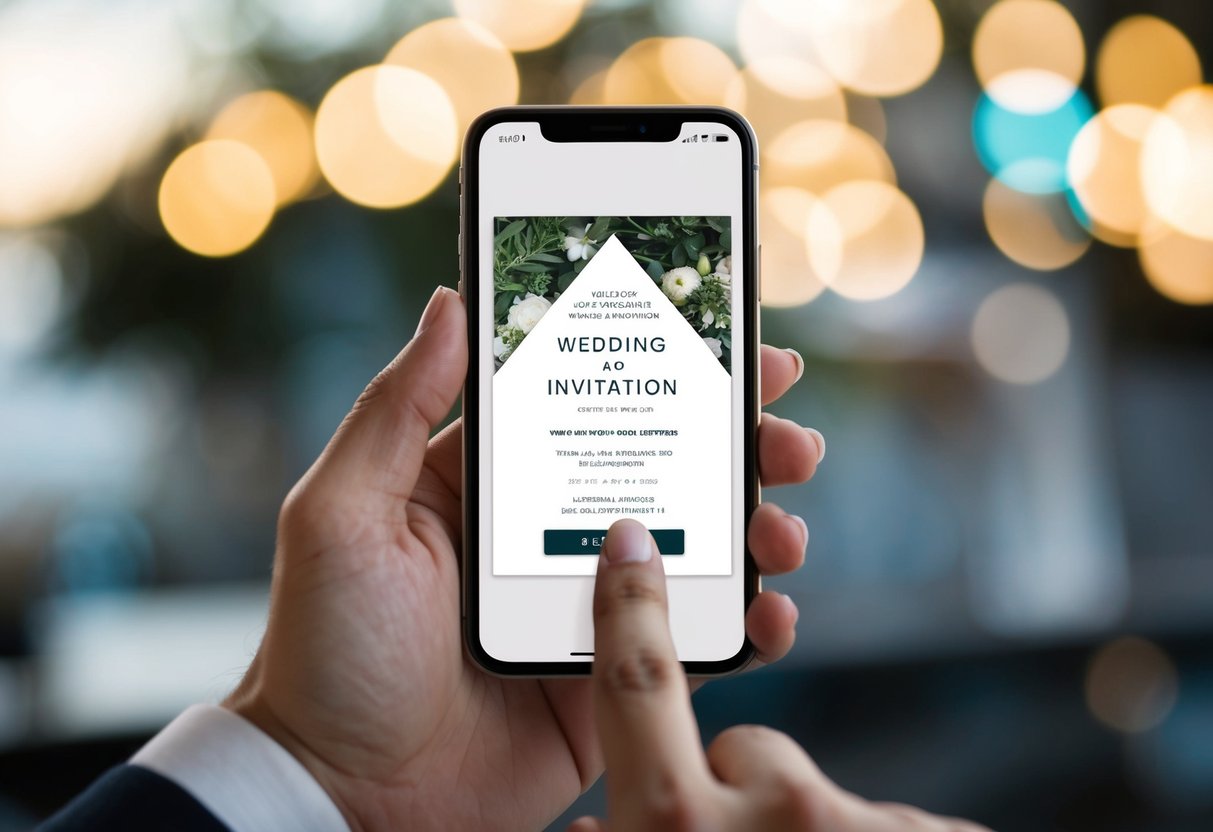 A smartphone displaying a wedding invitation on the screen, with a finger hovering over the send button