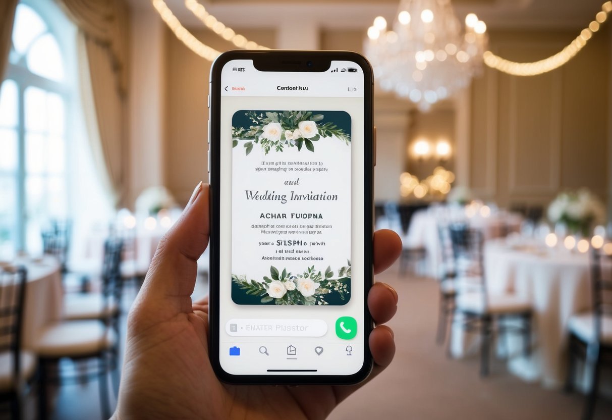 A smartphone displaying a wedding invitation on a chat app, with a blurred background of elegant wedding decor
