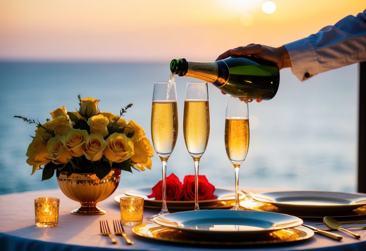 A golden anniversary celebration with champagne, roses, and a romantic dinner set against a sunset backdrop