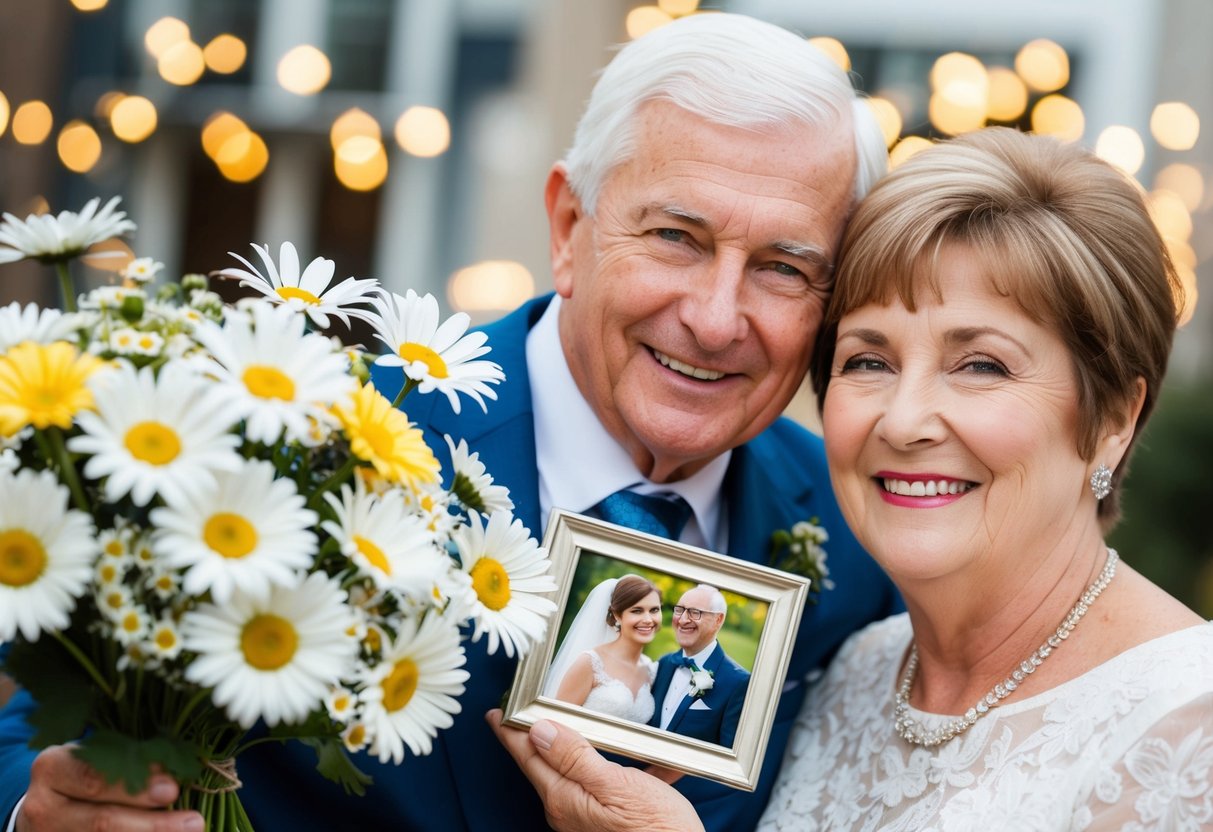 A couple celebrating their 61st wedding anniversary with a bouquet of daisies and a framed photo from their wedding day