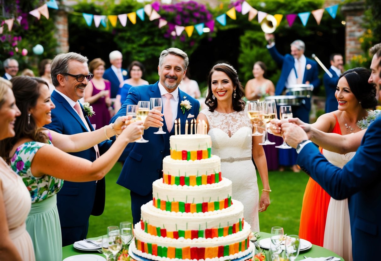 A grand garden party with colorful decorations, a live band, and a large cake adorned with 60+1 candles. Family and friends raise their glasses in a toast to the happy couple