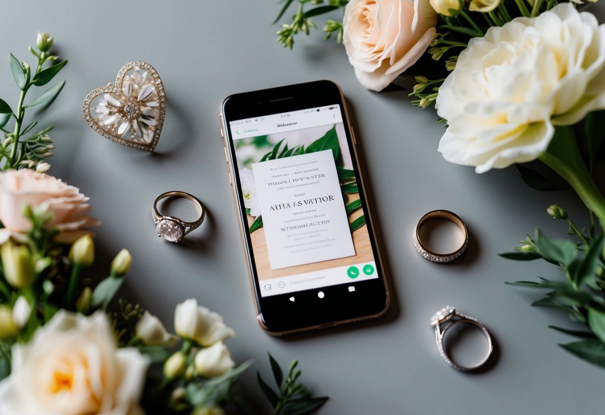 A smartphone displaying a wedding invitation on a WhatsApp chat, surrounded by floral decorations and a wedding ring