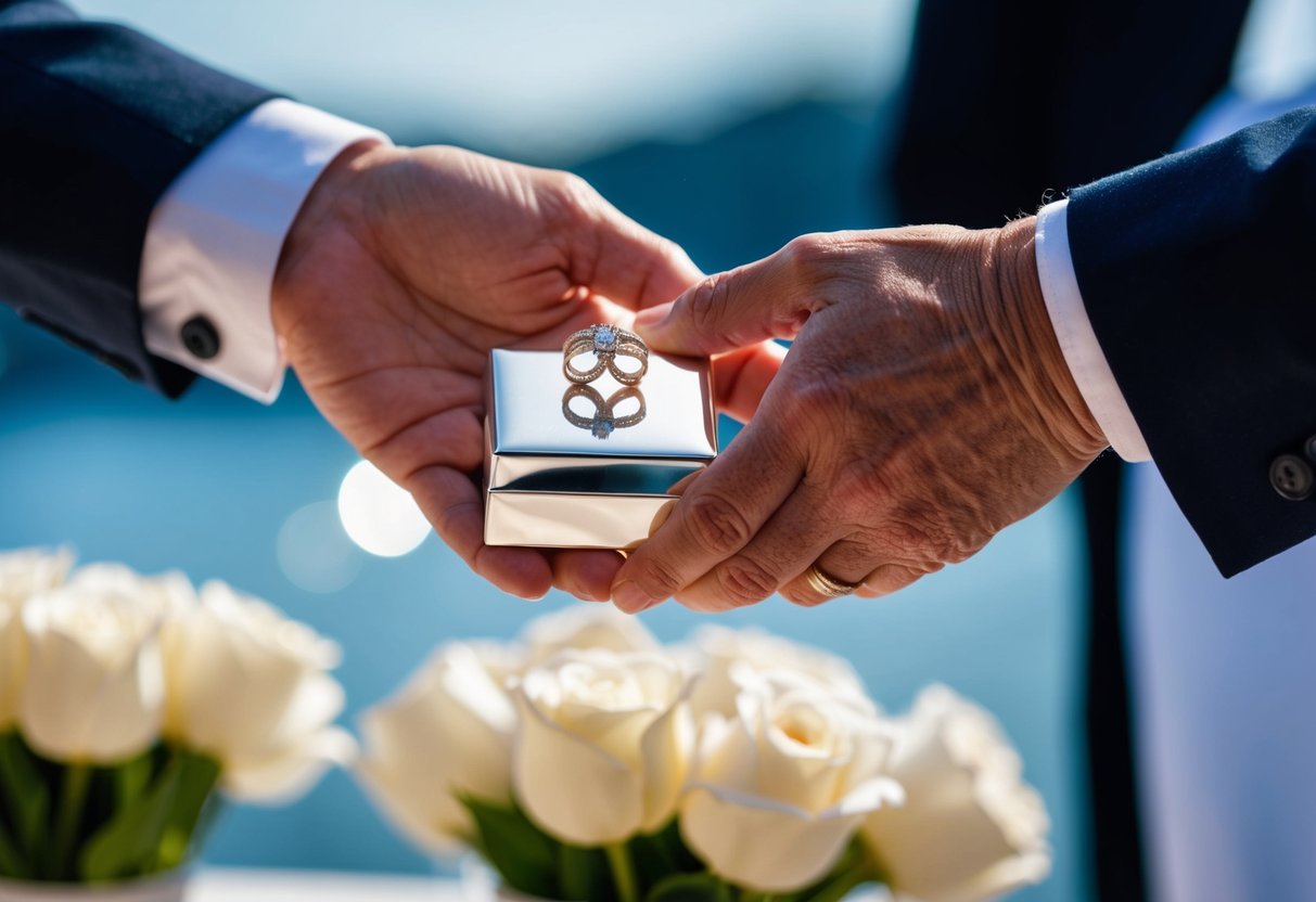 A couple's hands exchanging a platinum gift for their 70th wedding anniversary
