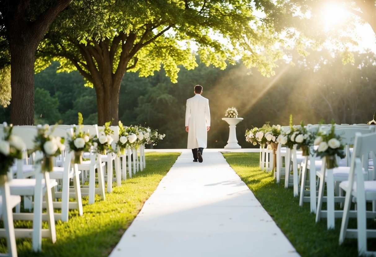 A lone figure walks down a flower-lined aisle, sunlight streaming through the trees overhead. The path leads to a simple, elegant altar