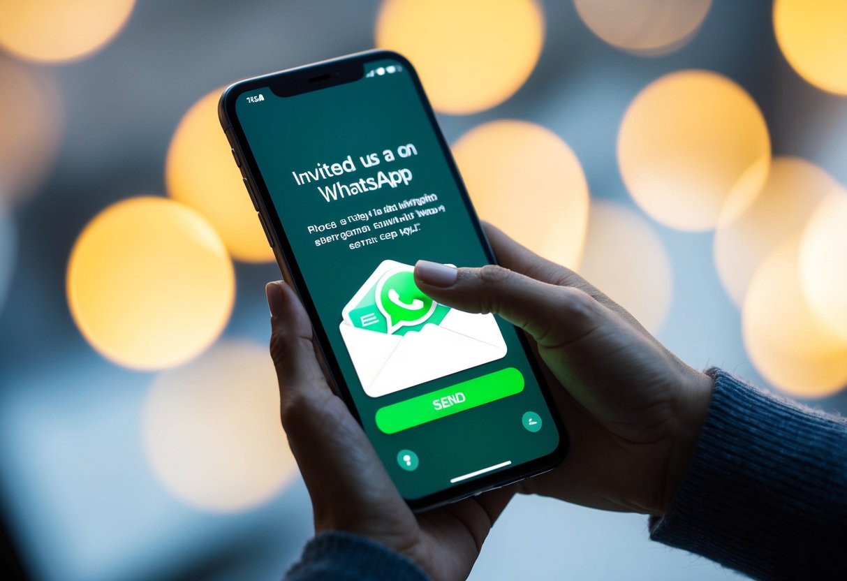 A smartphone displaying a digital invitation on the WhatsApp app, with a finger tapping the "send" button