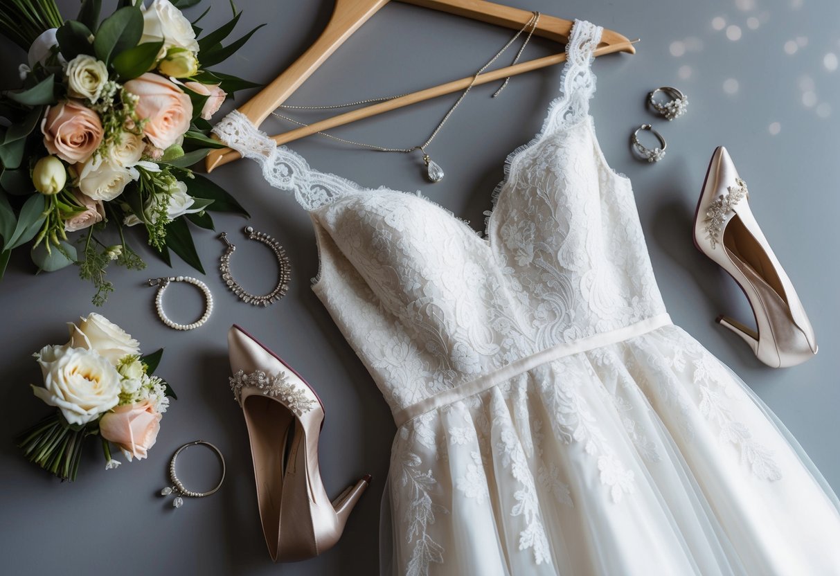 A lace wedding gown hangs on a hanger, surrounded by delicate jewelry, a bouquet of flowers, and a pair of elegant heels