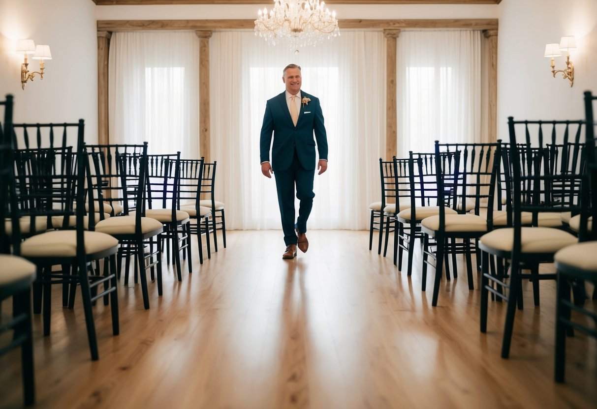 A solitary figure strolls down the aisle, surrounded by empty chairs and soft, romantic lighting
