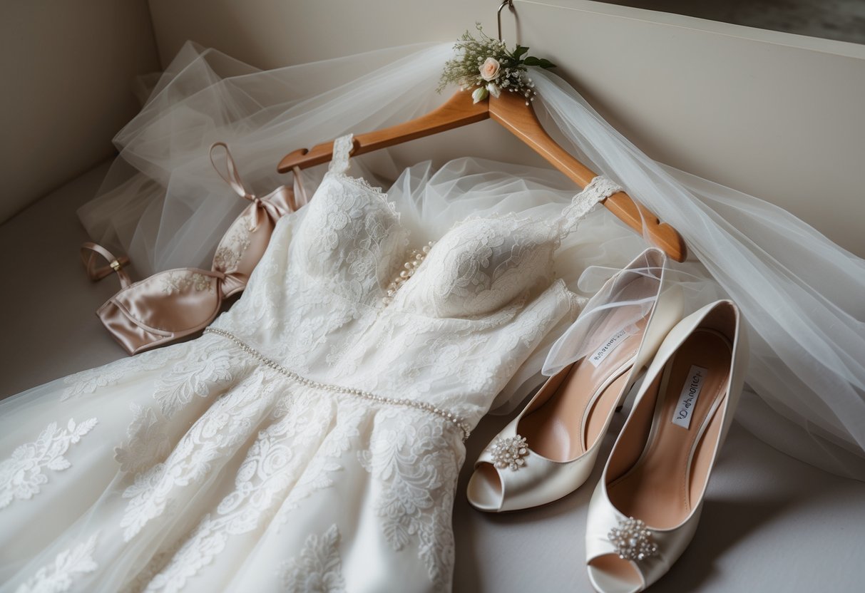 A lace bridal gown hangs on a hanger, surrounded by delicate lingerie, a veil, and a pair of elegant heels, all bathed in soft morning light
