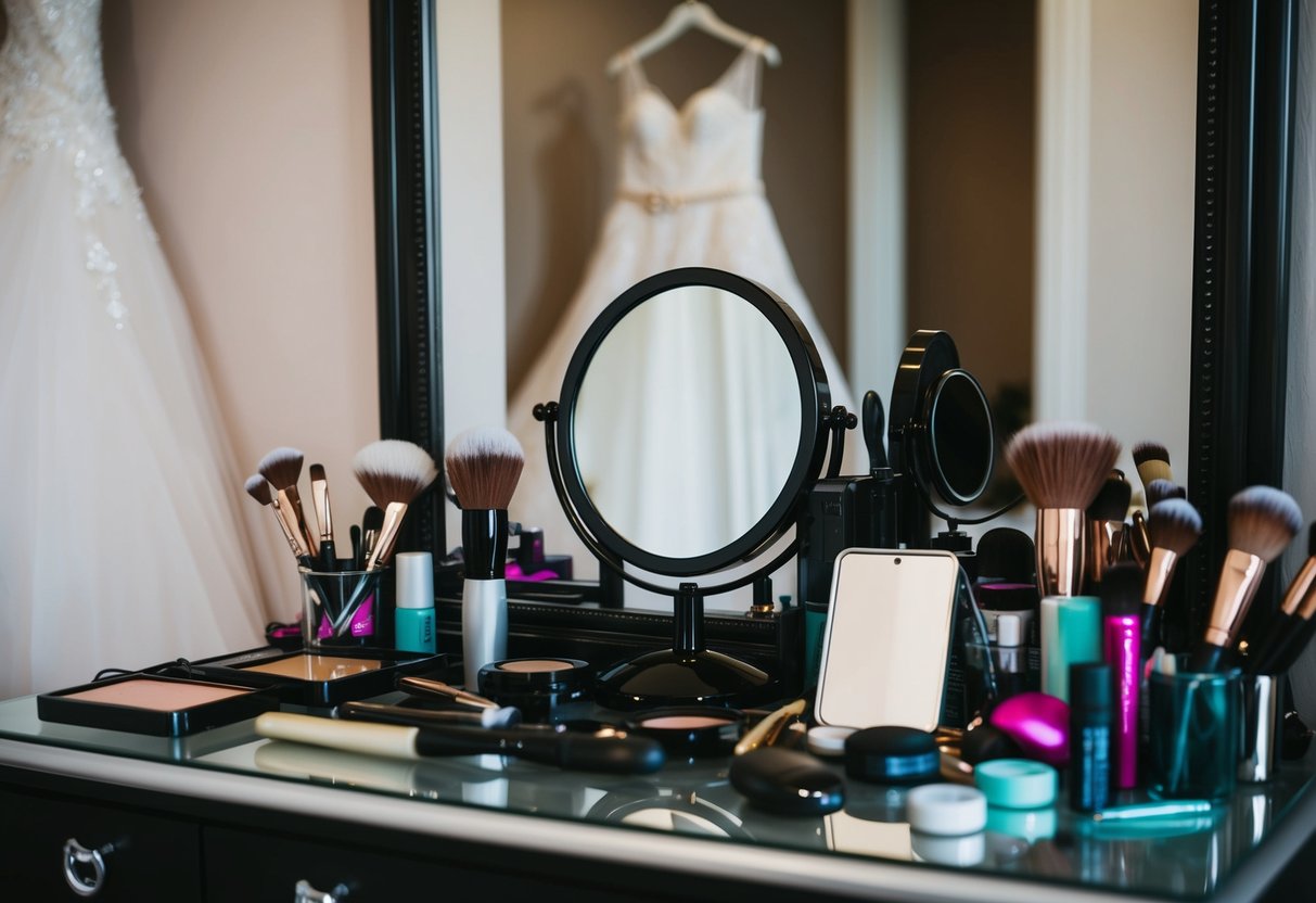 A cluttered vanity with a mirror, makeup brushes, and various hair accessories. A wedding dress hangs in the background