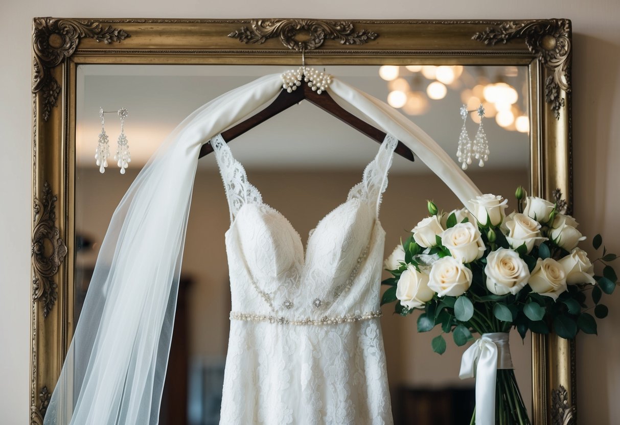 A delicate lace wedding dress hangs on a vintage mirror, surrounded by pearl earrings, a silk veil, and a bouquet of white roses