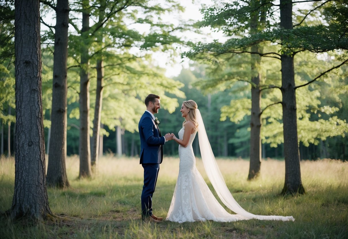 A couple eloping in a secluded forest clearing, exchanging vows under a canopy of trees