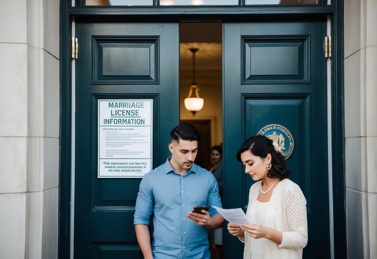 A couple stands before a government office, a sign on the door displaying marriage license information. They look puzzled as they read the legal requirements