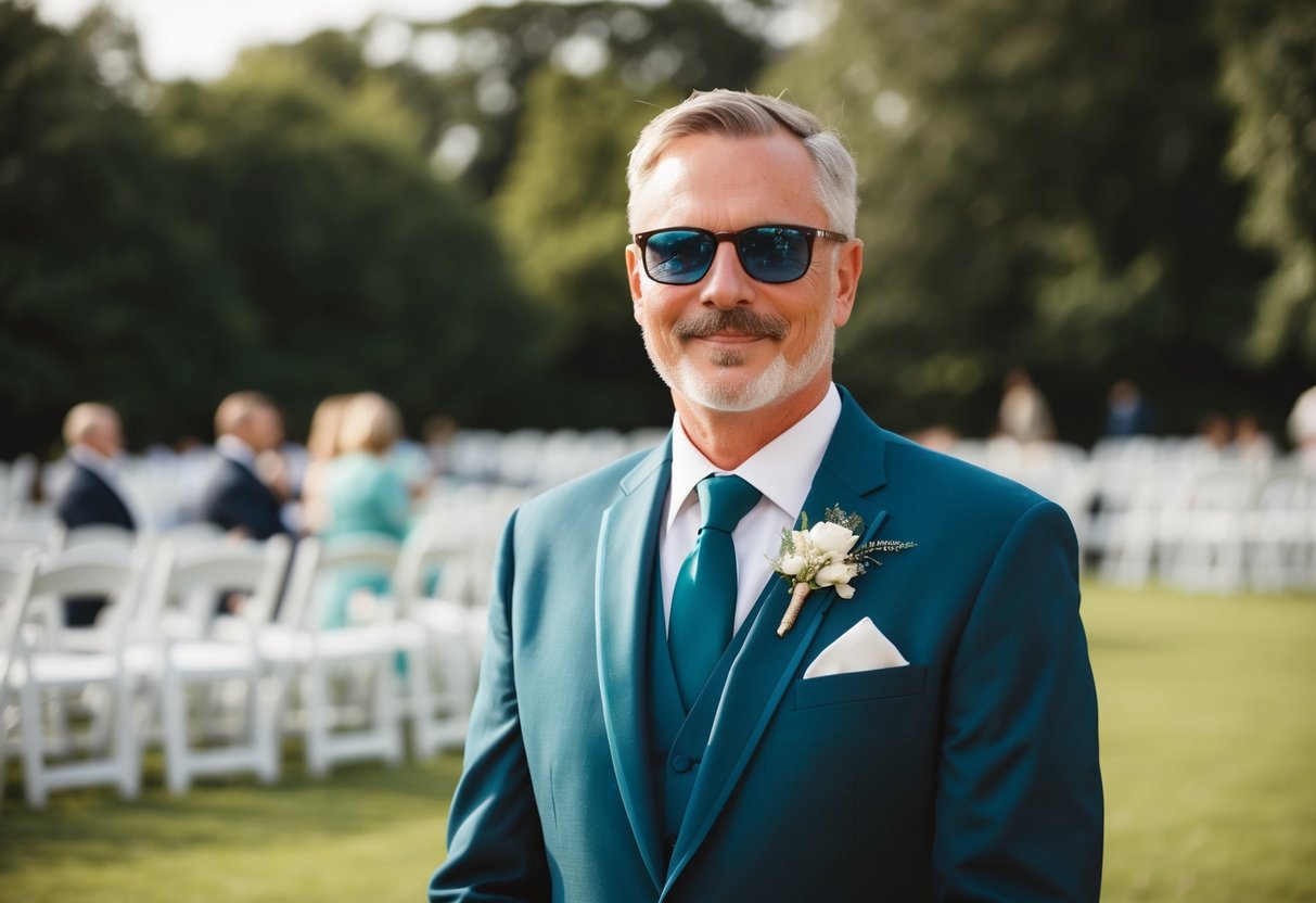 The groom's dad wears a matching suit