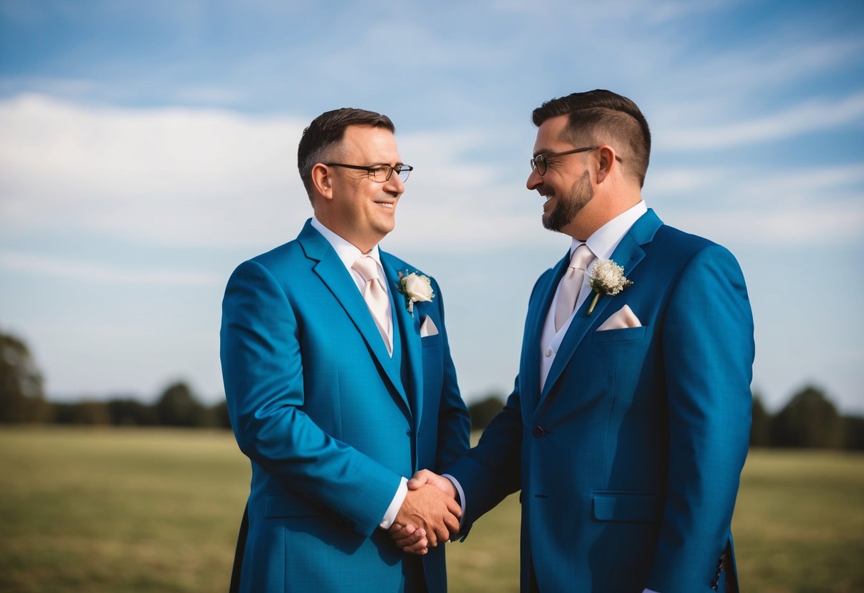 A groom's dad in a matching suit stands next to the groom