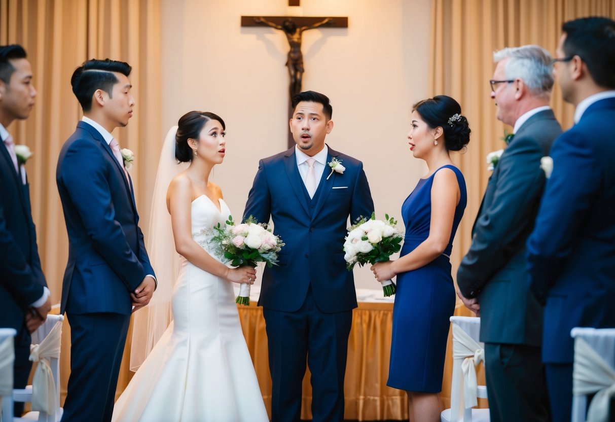 A couple stands in front of a surprised officiant, with no guests in sight. The bride and groom look at each other nervously, unsure if they can proceed without giving notice