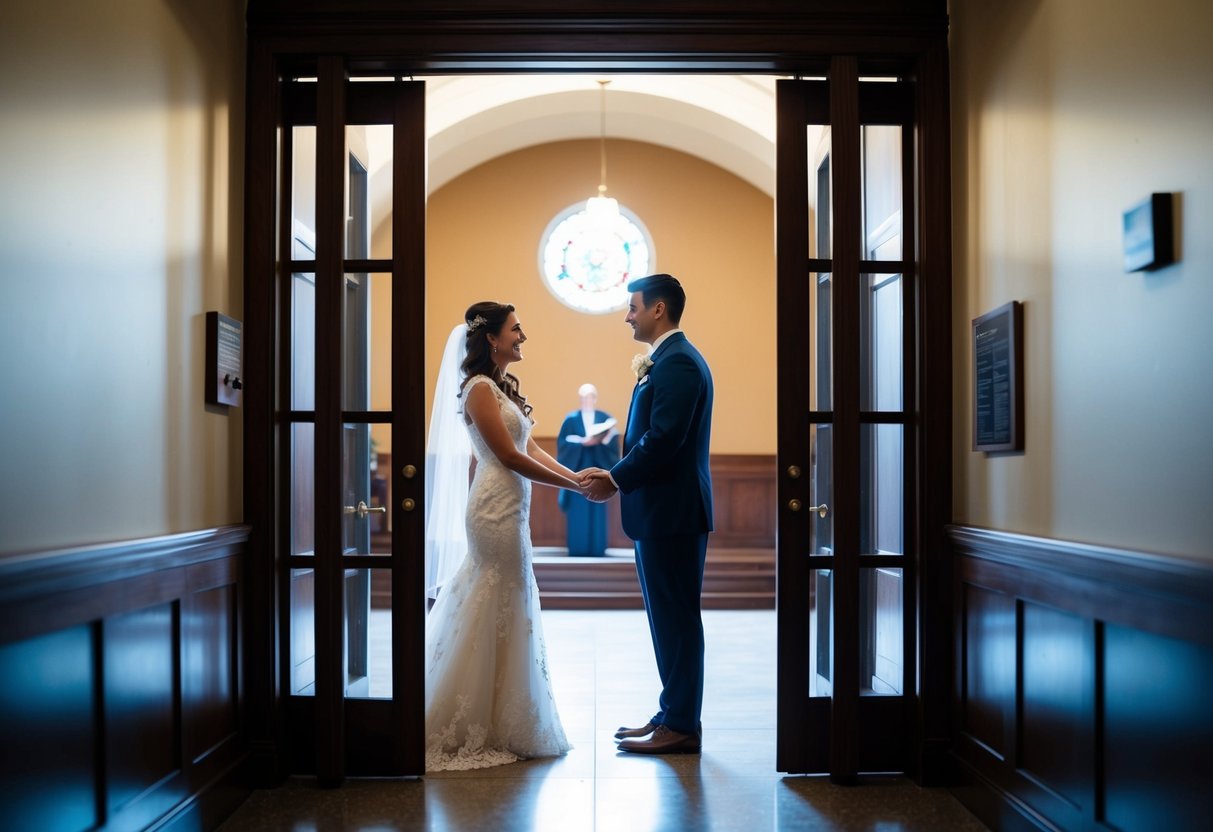 A couple sneaks into a courthouse after hours, exchanging vows in the dimly lit room