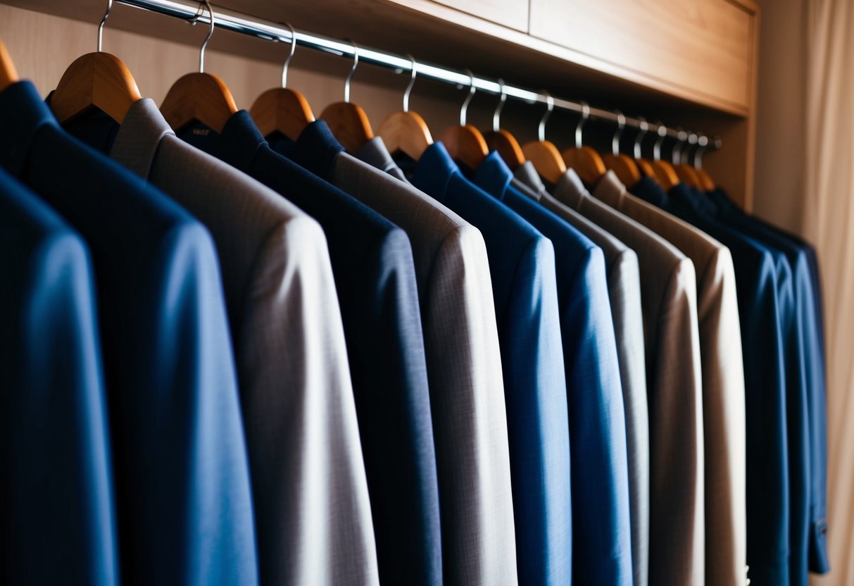 A row of identical suits hanging in a wardrobe, with one slightly larger than the others