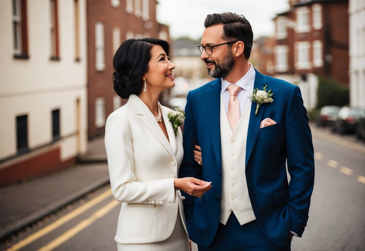 A couple standing side by side, dressed in matching formal attire, discussing outfit options for their daughter's wedding