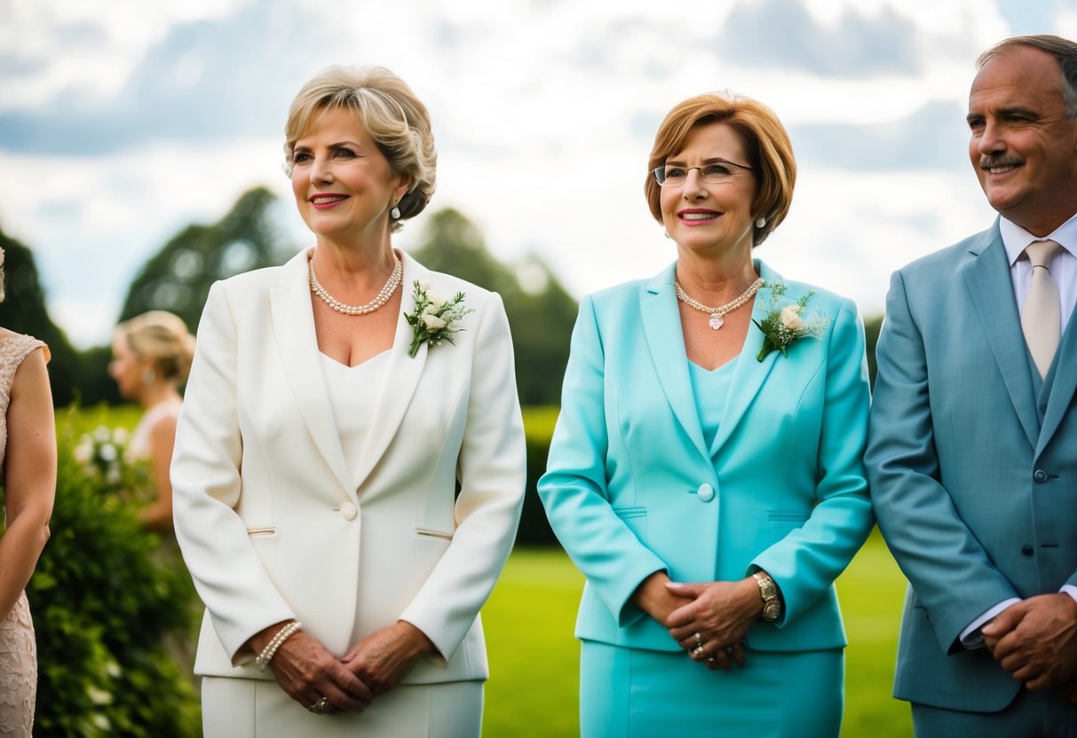 The mother and father of the bride stand side by side, wearing matching outfits in complementary colors, adding a touch of elegance to the wedding party