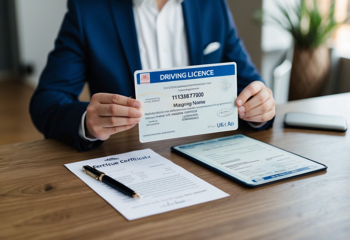 A person holding a marriage certificate and a UK driving licence, with a pen and a form for changing the name on the licence