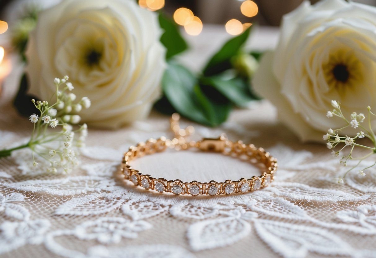 A delicate bracelet rests on a lace-covered table, surrounded by delicate flowers and sparkling in the soft light of a wedding reception