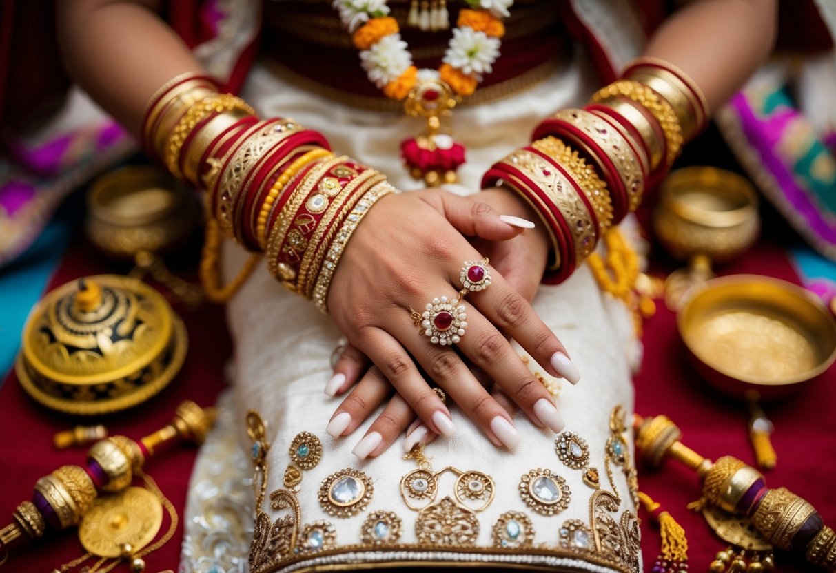A bride's hand adorned with a bracelet, surrounded by traditional cultural symbols and ornaments