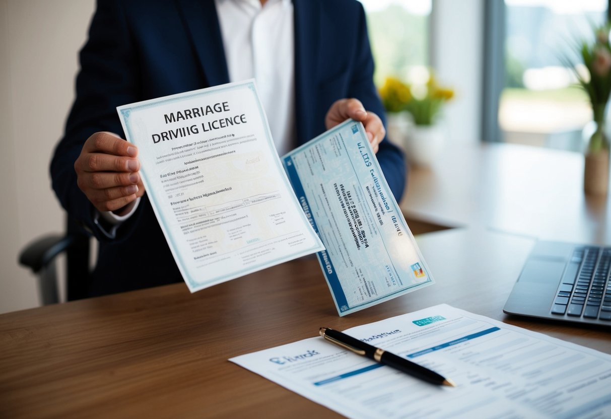 A person holding a marriage certificate and a UK driving license, with a pen and application form on a desk