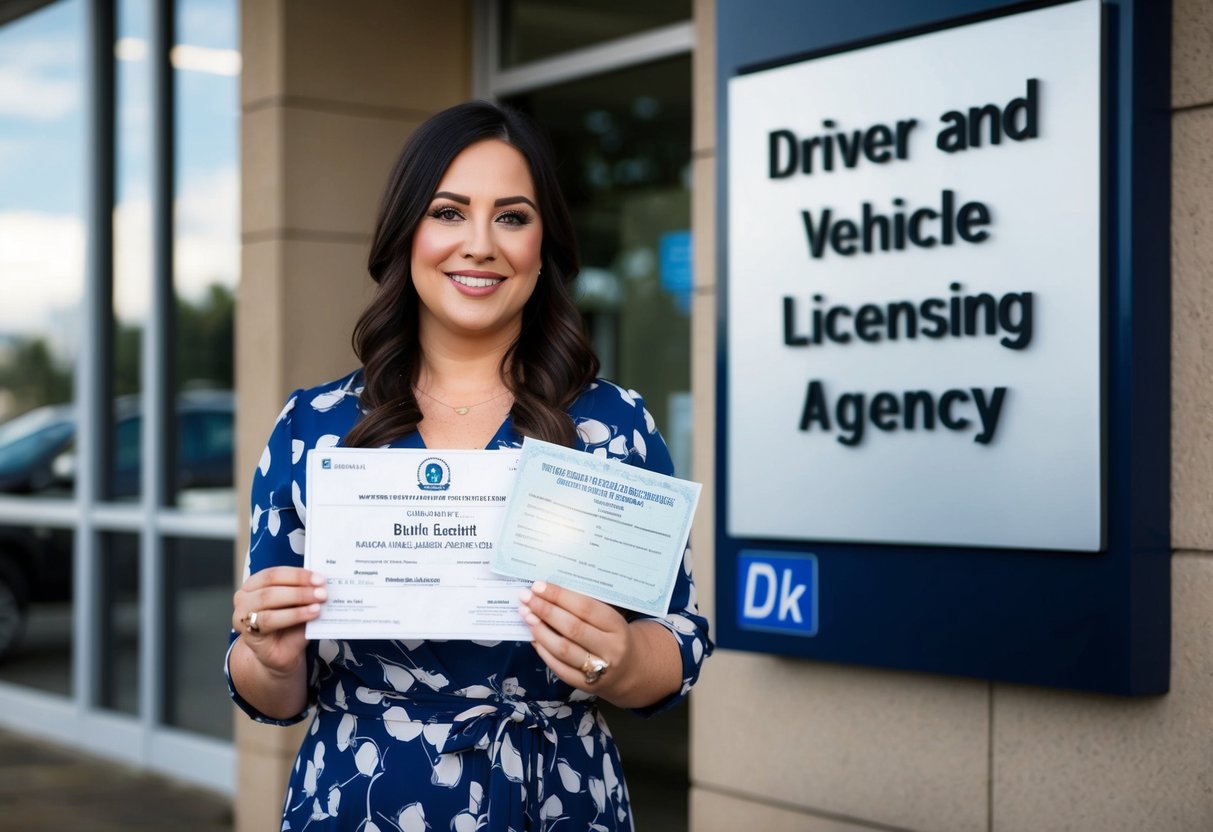 A woman holds a marriage certificate and a driving license, standing in front of a government office. A sign on the building reads "Driver and Vehicle Licensing Agency."