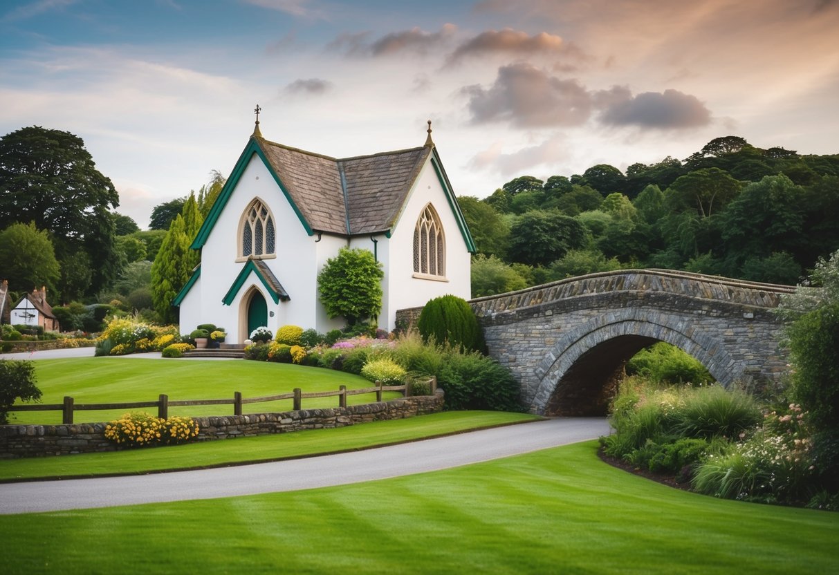 A picturesque wedding chapel at Gretna Green, UK, nestled amidst lush greenery with a charming stone bridge in the background