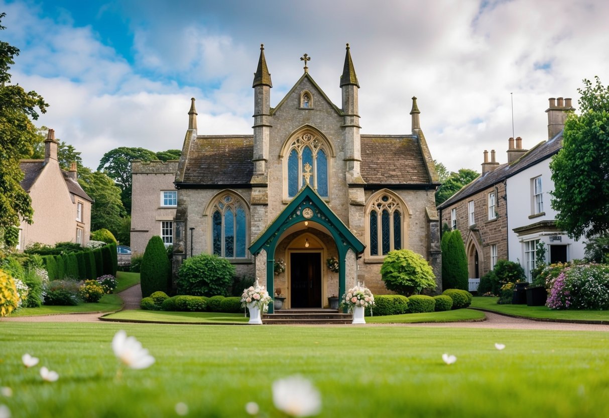 A picturesque wedding chapel in Gretna Green, UK, surrounded by lush greenery and historic buildings