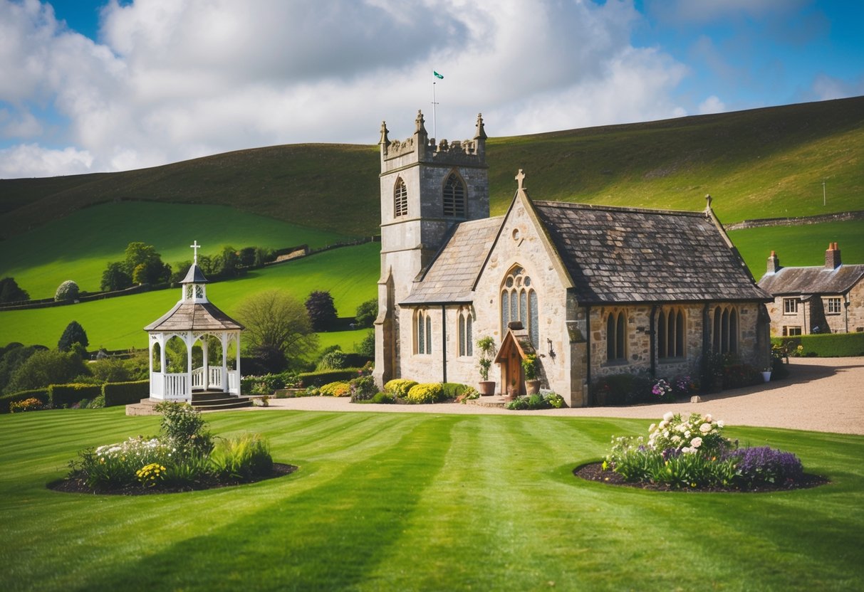 A picturesque stone church nestled in the rolling green hills of Gretna Green, UK, with a quaint wedding gazebo and blooming gardens