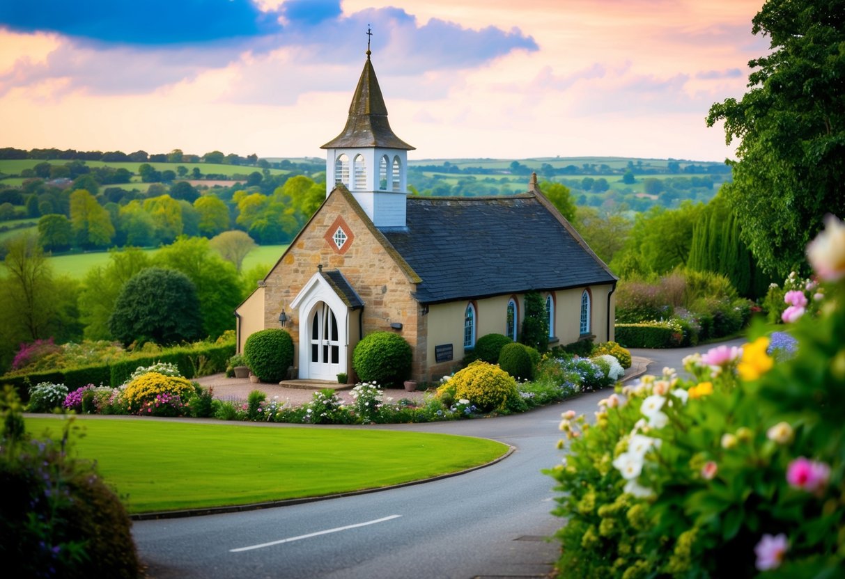 A quaint chapel in Gretna Green, UK, surrounded by lush greenery and blooming flowers, with a picturesque view of the countryside
