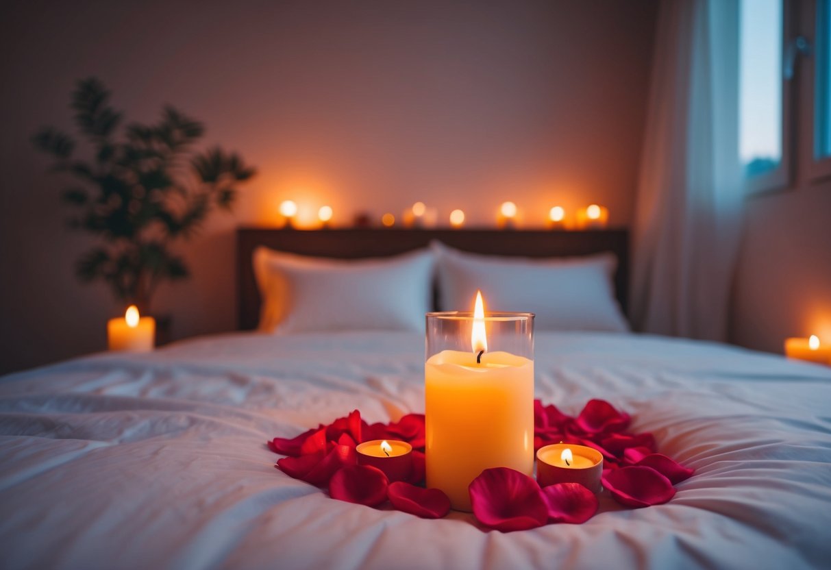 A candlelit bedroom with rose petals scattered on the bed and soft music playing in the background