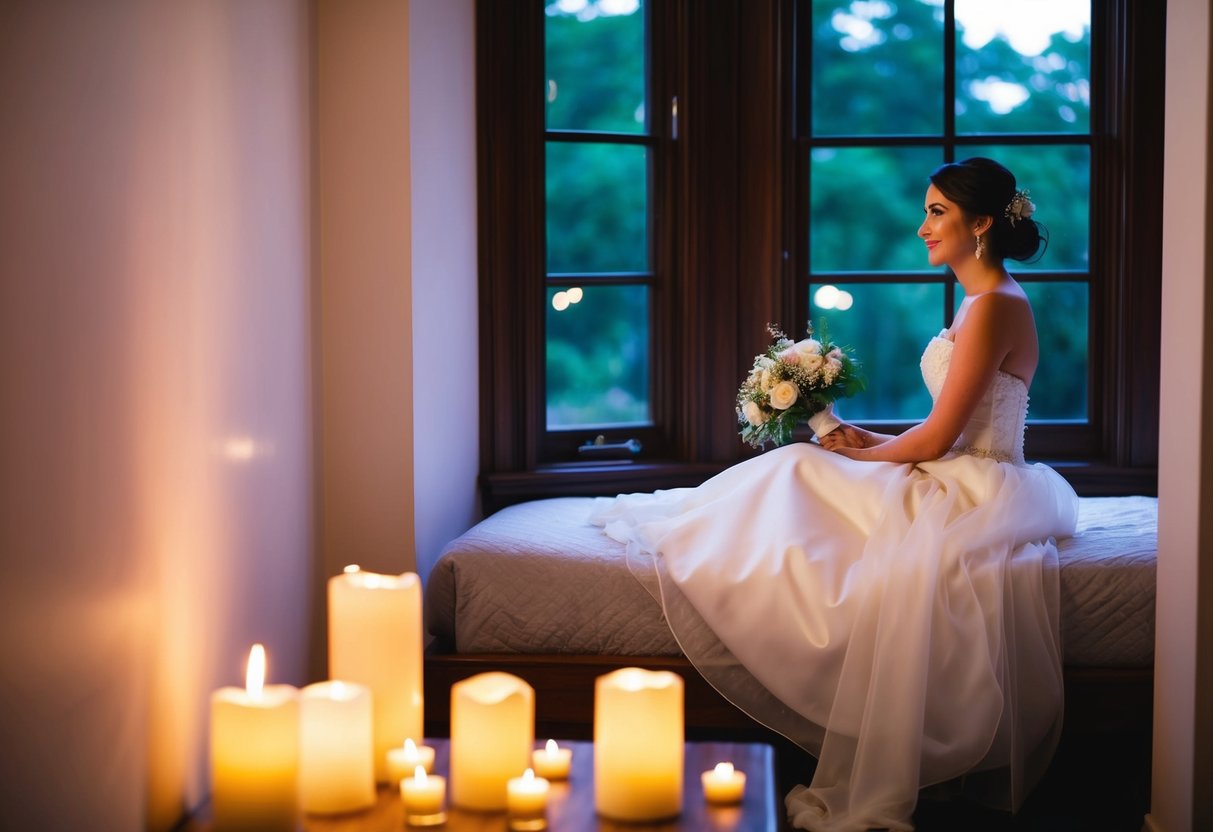 A bride sits on the edge of a bed, surrounded by soft candlelight. She holds a bouquet of flowers and gazes out of a window, lost in thought
