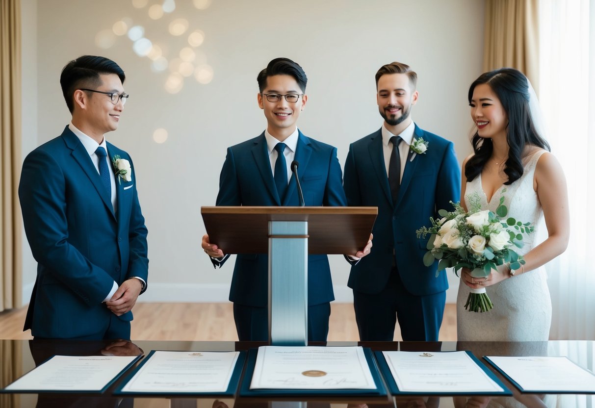 A person standing at a podium in front of a couple, with legal documents and a wedding certificate on the table