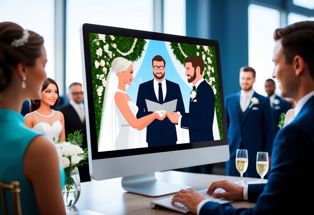 A computer screen displaying a virtual wedding ceremony with two avatars exchanging vows, surrounded by virtual guests