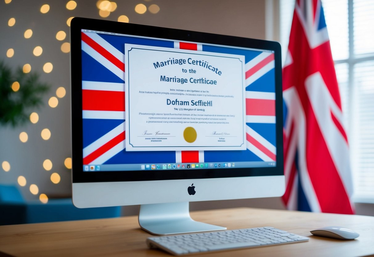 A computer screen displaying a marriage certificate with the UK flag in the background