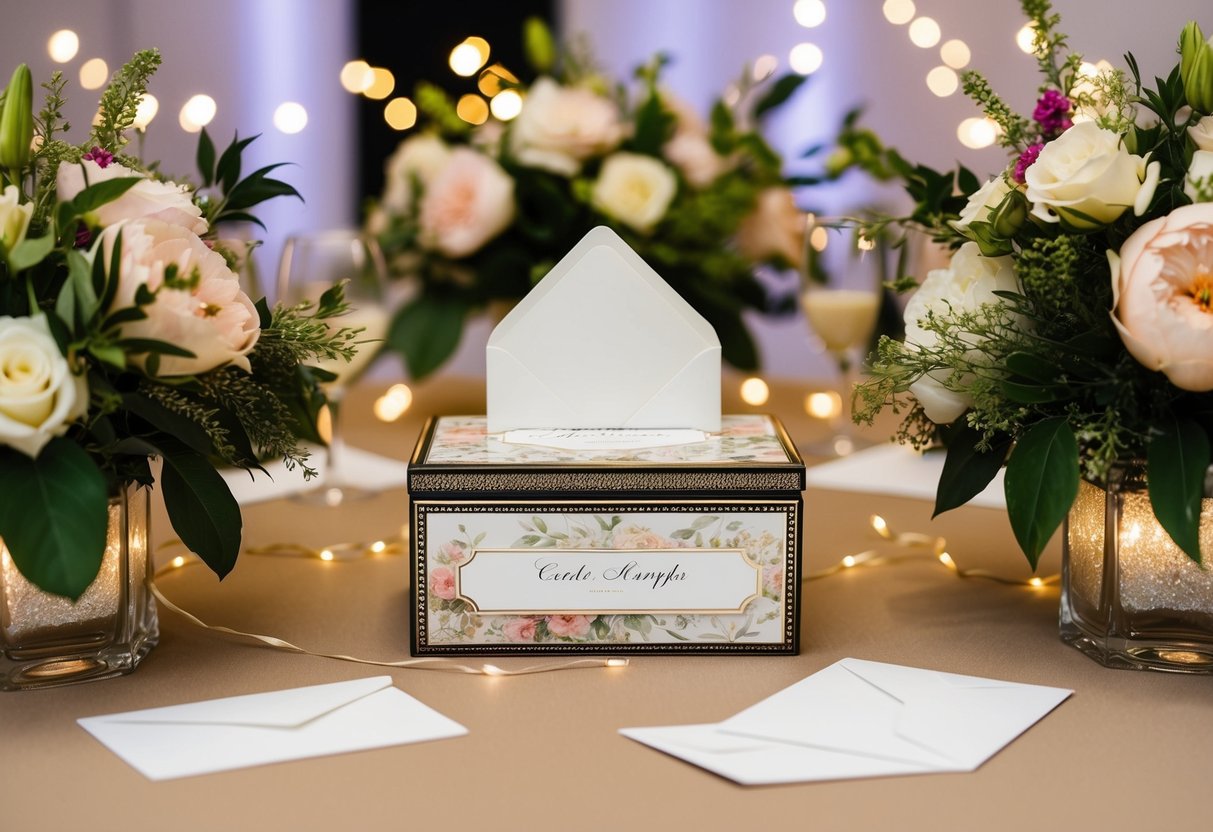 A table with a decorative box for cards and envelopes, surrounded by floral centerpieces and twinkling lights