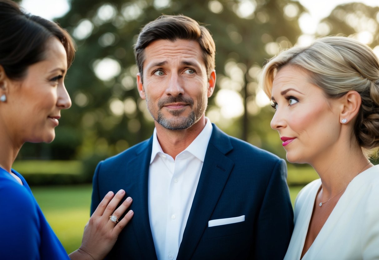 A man standing between two women, one wearing a wedding ring, with a puzzled expression