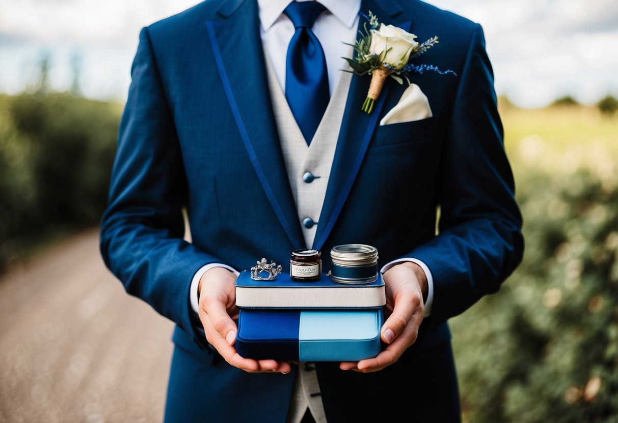 A groom holds old, new, borrowed, and blue items