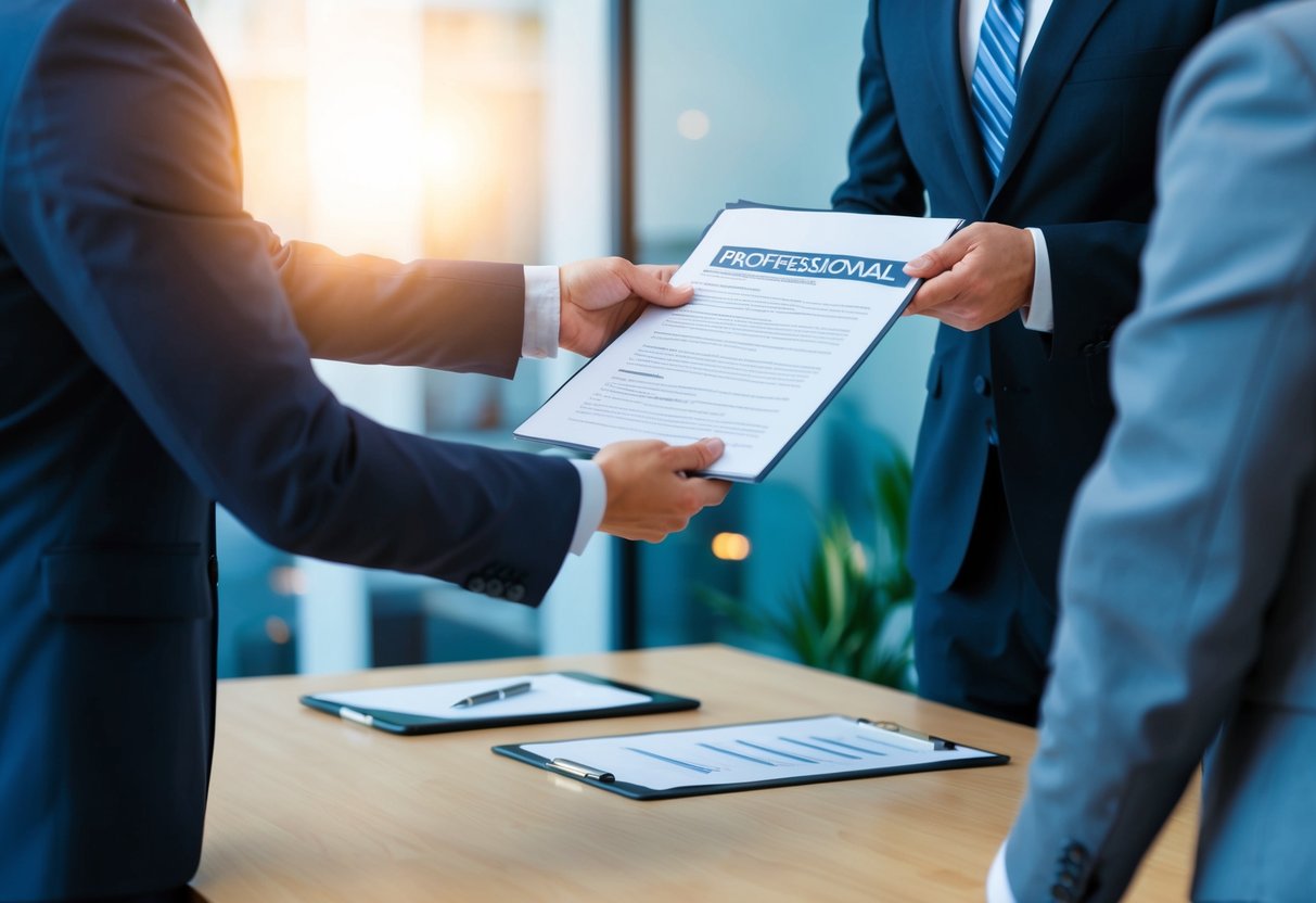 A person in a formal setting, handing a document to their employer or HR representative in an office environment