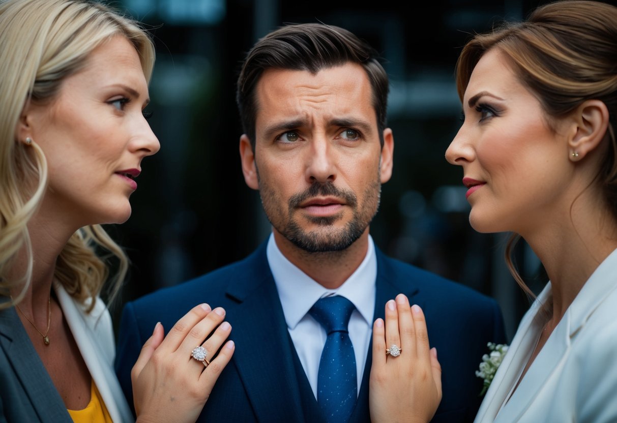 A man wearing a wedding ring looks conflicted while standing between two women, each with a different expression on their faces