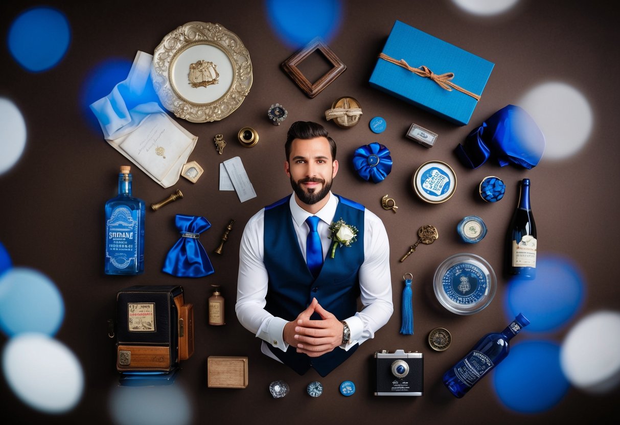 A groom surrounded by vintage objects, a new item, borrowed item, and blue accents, symbolizing tradition and good luck