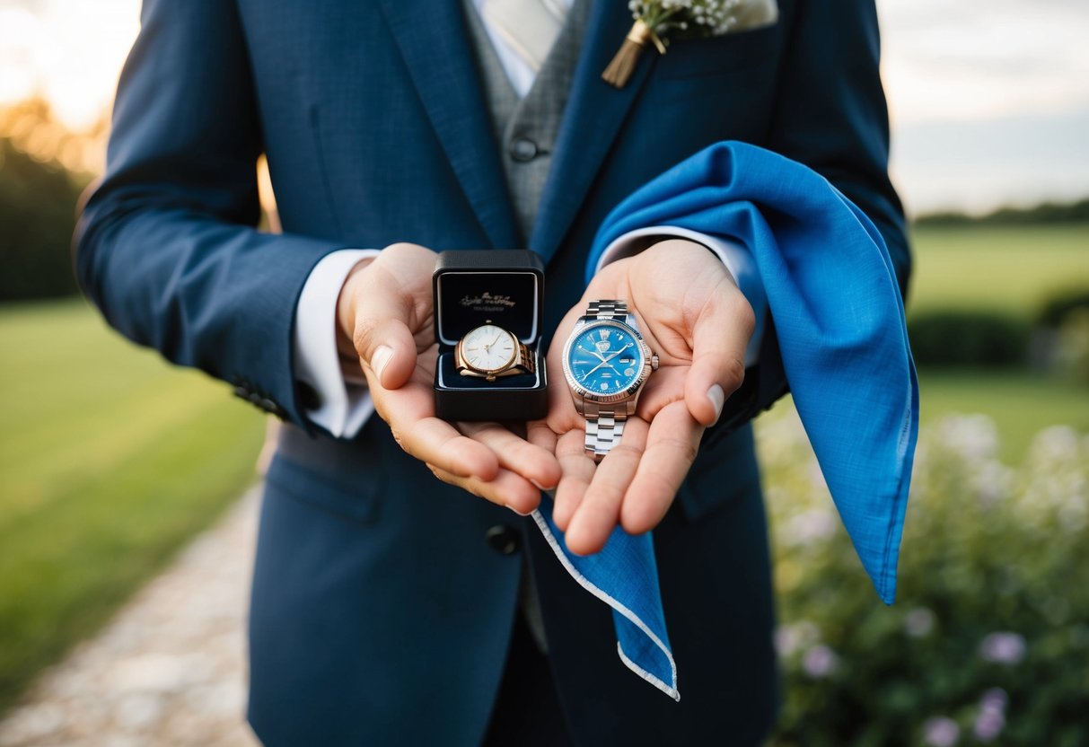 A groom holding an old family heirloom, a new wedding ring, a borrowed watch, and a blue handkerchief