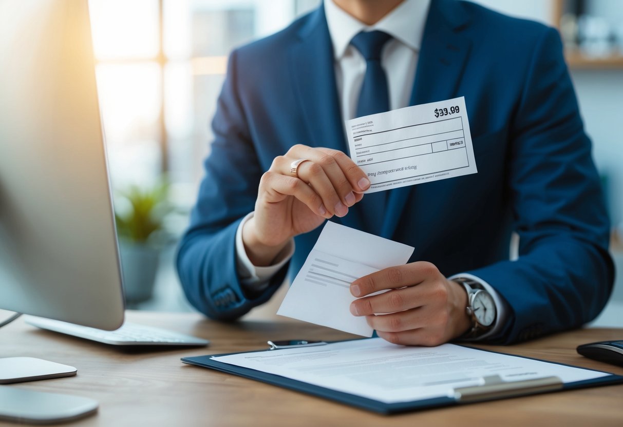 A person holding a wedding ring and a pay stub, standing in front of a computer with a blank email draft open