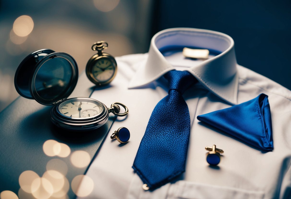 A groom surrounded by symbolic items: an old pocket watch, a new tie, a borrowed cufflink, and a blue handkerchief
